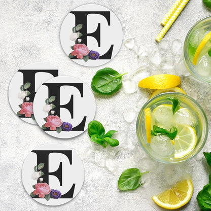Letter E Coasters Set of 4 Absorbent Ceramic Coasters 4 Inches Round with Cork Base for Drinks Coffee Table Office Summer Outdoor Home Decor