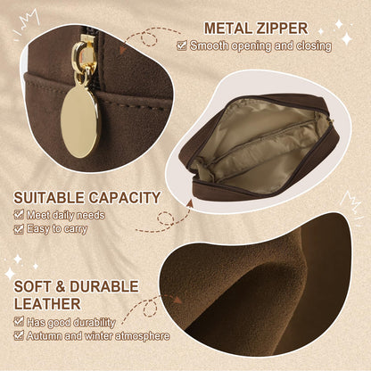 UIXIZQ Small Makeup Pouch for Purse, Suede Travel Toiletry Storage Pouch Cute Preppy Cosmetic Bag for Women Girls, Waterproof Makeup Organizer Skincare Bag Purse with Zipper (Small-Coffee)