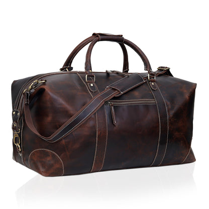Leather Farm 24 Inch Genuine Buffalo Leather Travel Duffel Bag, Overnight Weekend Bag Sports Gym Duffel for Men, Airplane Under Seat Carry on Bags (Brown)