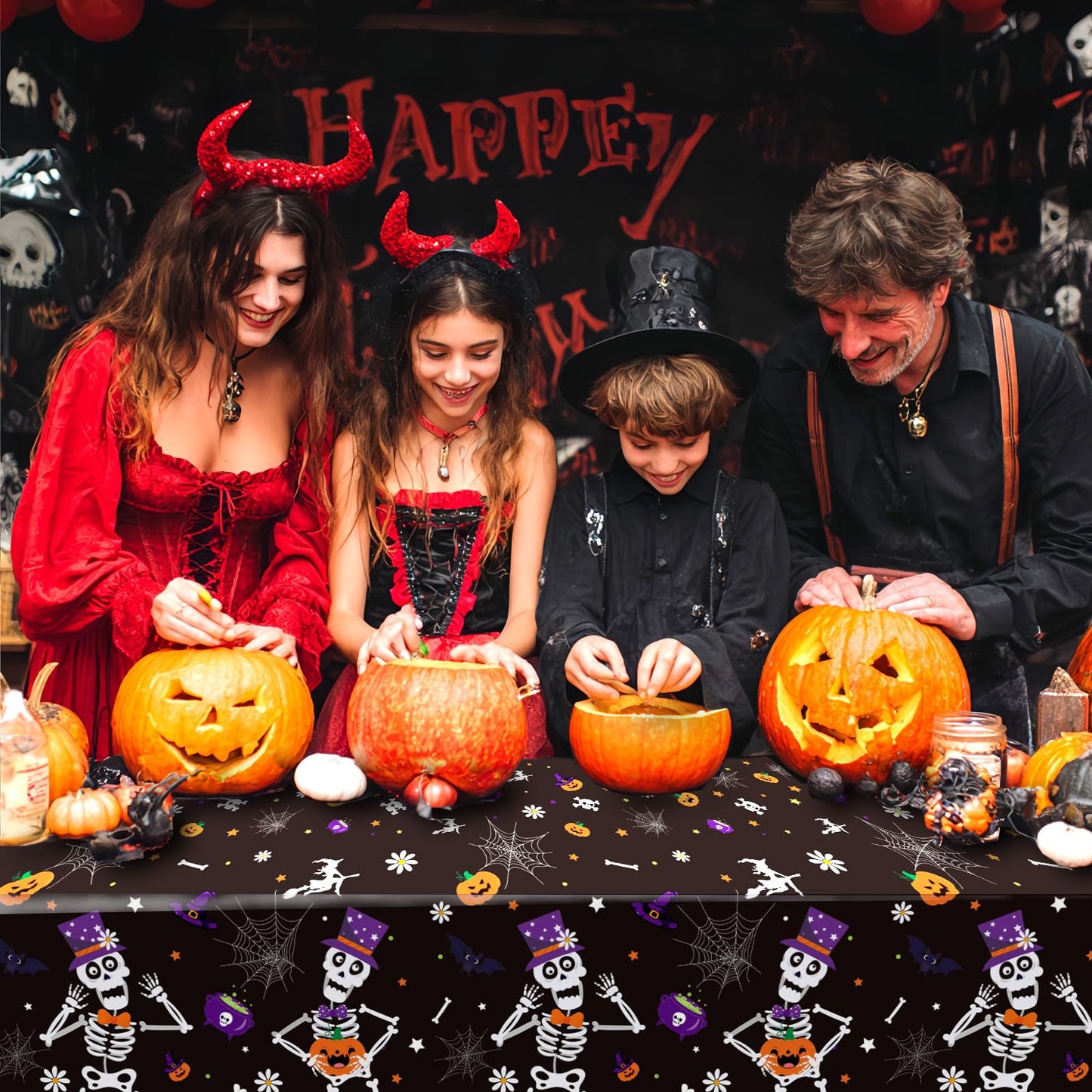 OQOQ Halloween Tablecloth (3 Packs, Black), 108x54 Inches Halloween Plastic Table Cloth Disposable Party Favors Pumpkin Boo for Outdoor Indoor Table Decor Backdrop Banner Party Supplies
