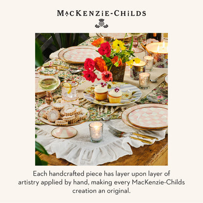 MACKENZIE-CHILDS Enamel Pedestal Platter, Round Cake Stand, Mini, Pink-and-White Rosy Check