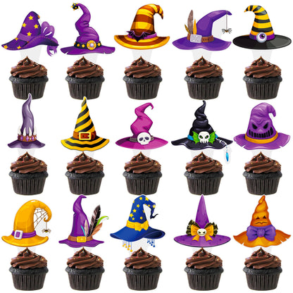 Witch Hat Cupcake Topper Halloween Horror Theme Decorations 48PCS Halloween Witch Hat Cupcake Picks Decor for Boys Girls Birthday Baby Shower Party Supplies