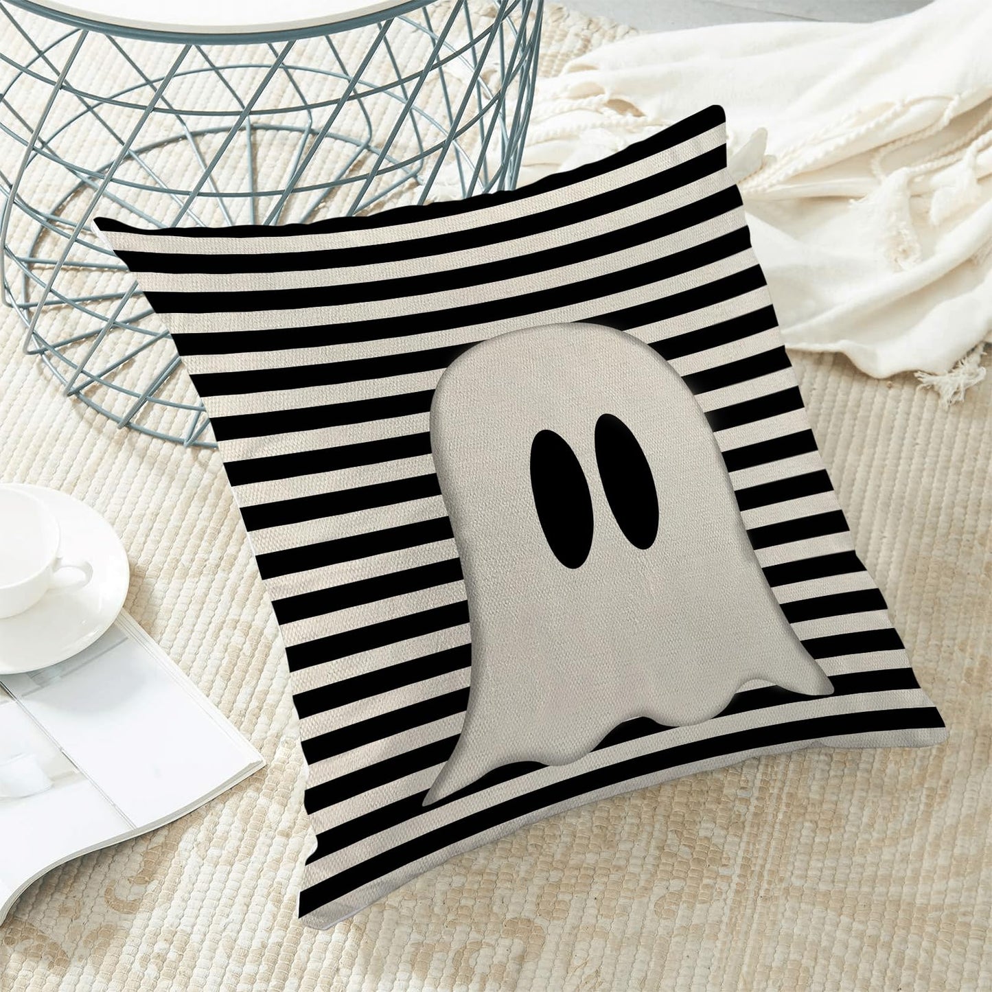 Yxuiyal Halloween Pillow Covers 22x22 Set of 2 Black Stripe Cute Ghost Throw Pillow Covers for Home Decoration Cushion Case for Couch Sofa Halloween Decor