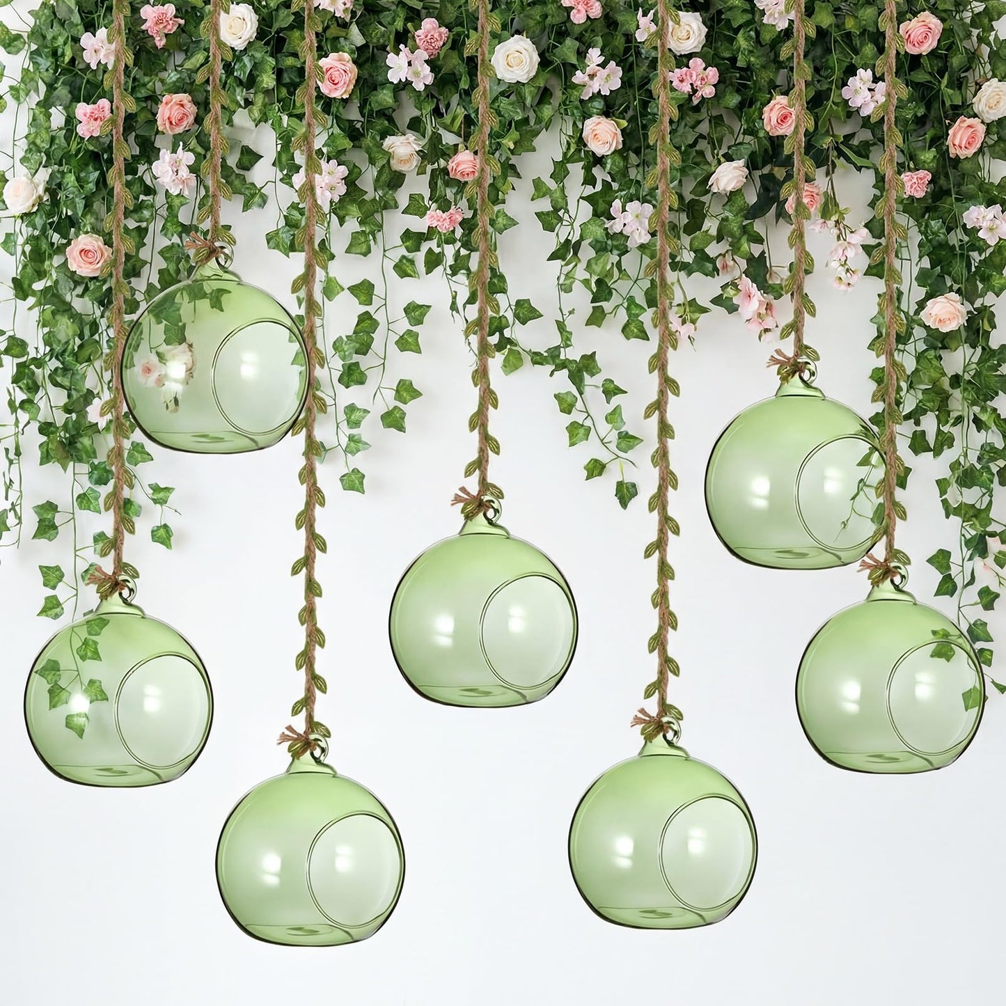 GlikCeil 13 Pcs 3.15'' Hanging Glass Candle Holder with Burlap Leaf Ribbon, Glass Orbs Air Plants Tea Light Candle Holders, Globe Plant Terrariums for Decor Indoor Outdoor Garden DIY (Green)