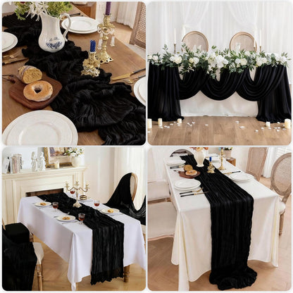 3 Pcs Black Cheesecloth Table Runner 35"×120" - 10FT Halloween Gauze Sheer Table Runner,Boho Rustic Table Runner,Table Decorations for Graduation, Birthday, Holiday Decor