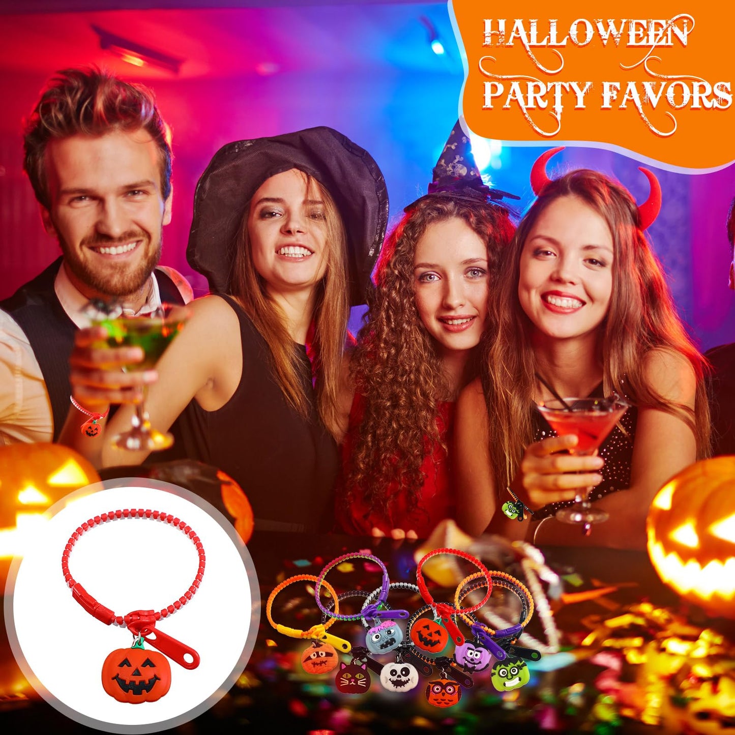 Capoda 32 Pcs Halloween Party Favor Zipper Bracelets Bulk Trick or Treat Bracelets Halloween Zipper Wristbands for Prizes & Handouts, Goodie Bag Fillers supplies