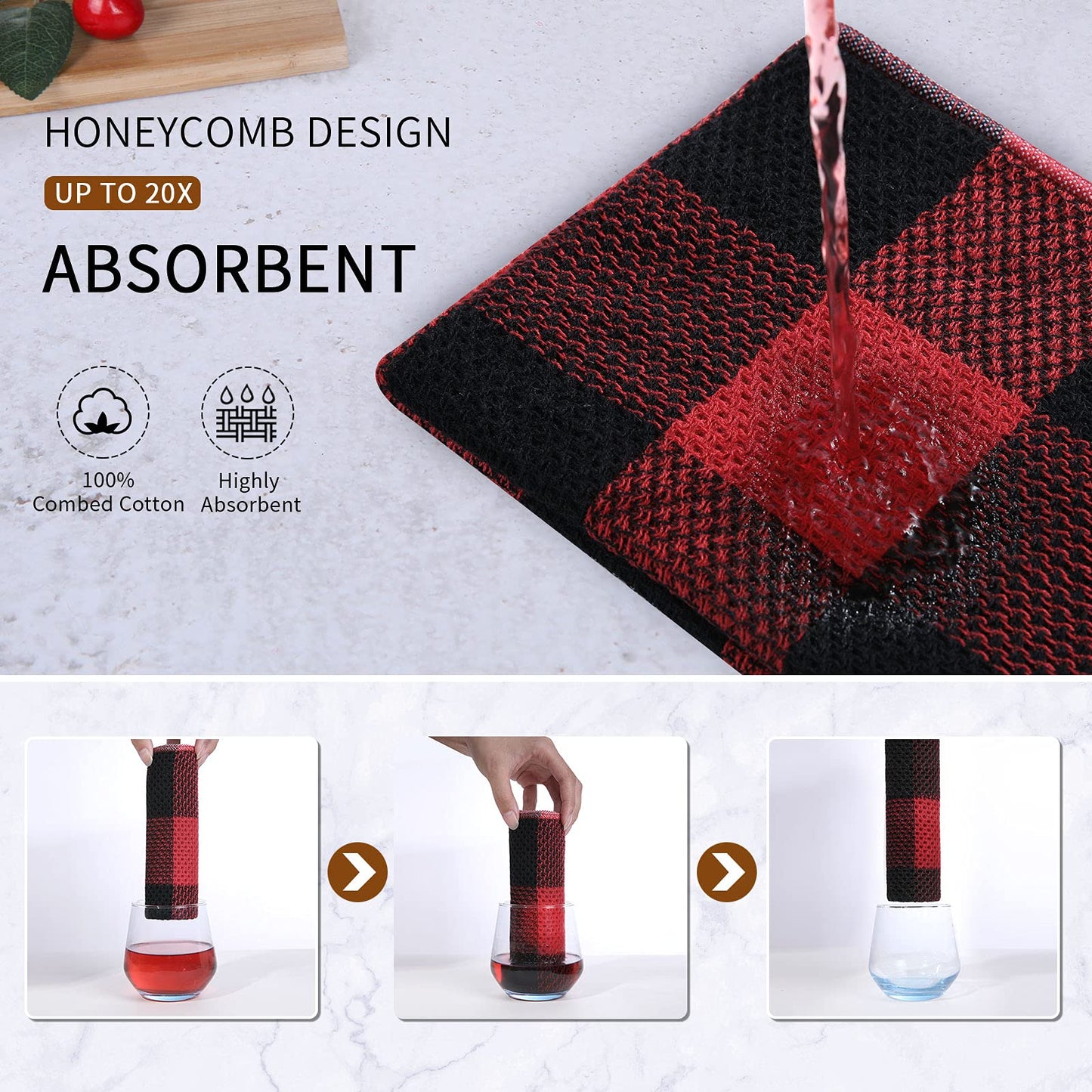 Mordimy 100% Cotton Waffle Weave Kitchen Towels, 13 x 28 Inches, Super Soft and Absorbent Buffalo Check Dish Towels for Drying Dishes, 4-Pack, Black & Red