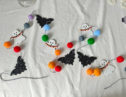 Felt Bat Ghost Garland - Spooky Halloween Party Decorations,Spooky Banner with Colorful Felt Balls,Halloween Wall Mantel Hanging Garland,Black Bat White Ghost Photo Backdrop