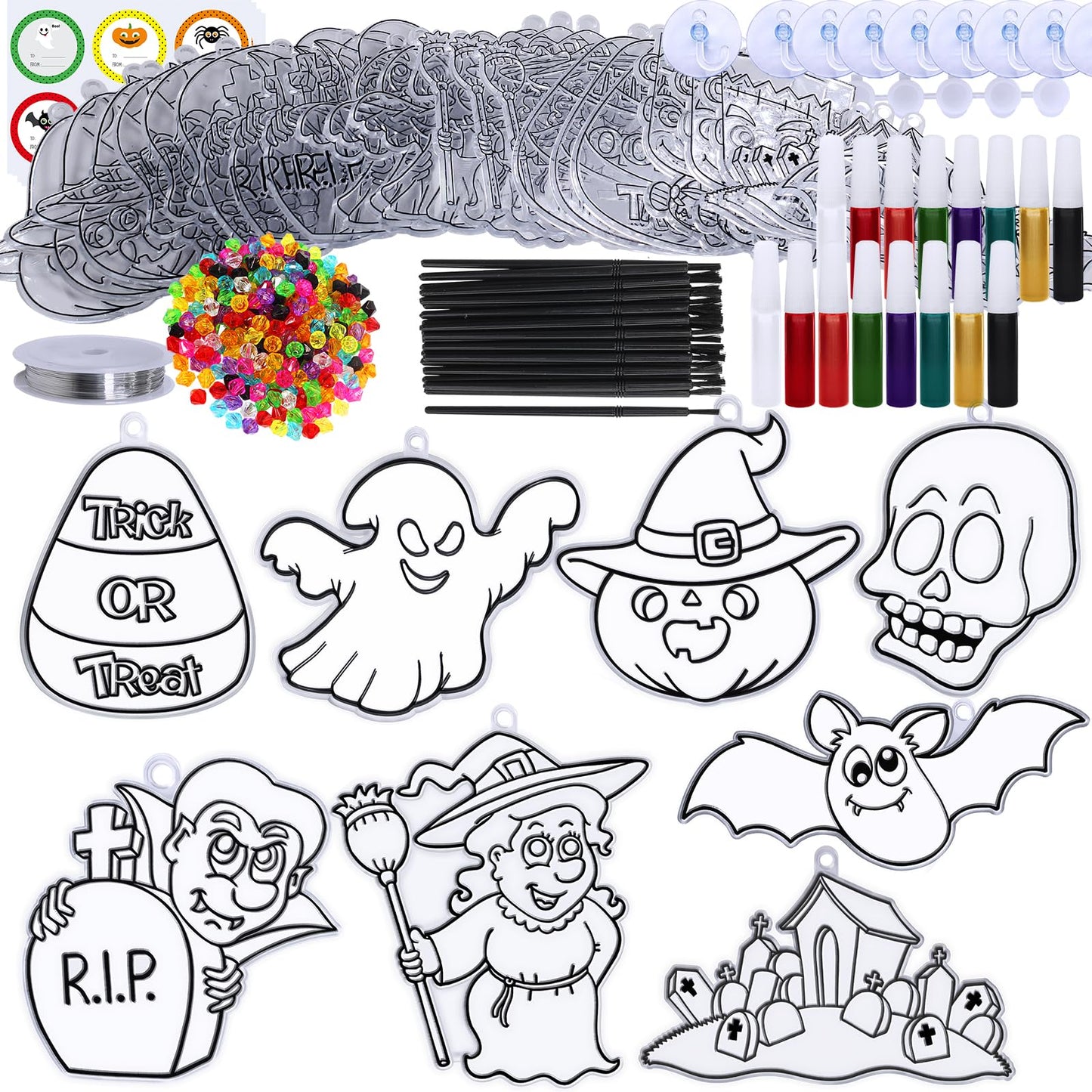 Winlyn 27 Sets Halloween Suncatchers Ornaments Decorations DIY Window Paint Art Suncatchers Halloween Craft Kits Jack-O'-Lantern Bat Ghost Skull Sun Catchers for Kids Classroom Activities Art Project