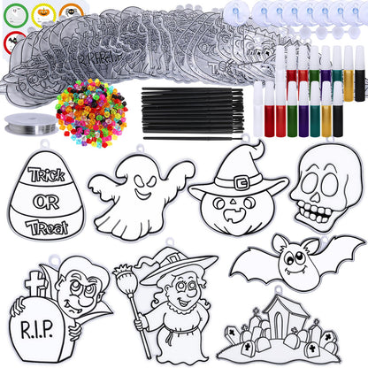 Winlyn 27 Sets Halloween Suncatchers Ornaments Decorations DIY Window Paint Art Suncatchers Halloween Craft Kits Jack-O'-Lantern Bat Ghost Skull Sun Catchers for Kids Classroom Activities Art Project