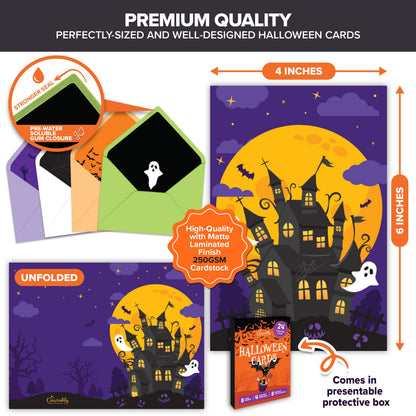 Decorably 24 Pack 4x6in Happy Halloween Cards with Envelopes and Stickers, 8 Spooktacular Designs for Kids & Adults - Blank Inside, Trick-or-Treat Bags, Gifting, Mailing