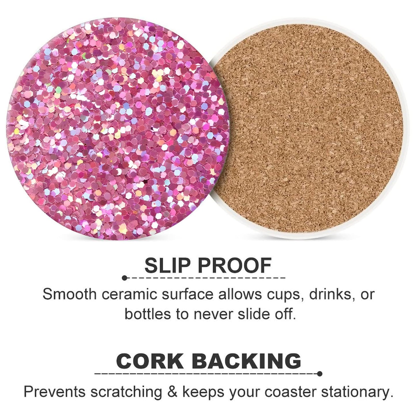 Pink Glitter Drink Absorbent Coaster,Cool Deisgn Ceramic Drink Coaster with Cork Base,Housewarming Gifts,Tabletop Protection Suitable for Kinds of Cups(Pack of 4)