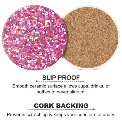 Pink Glitter Drink Absorbent Coaster,Cool Deisgn Ceramic Drink Coaster with Cork Base,Housewarming Gifts,Tabletop Protection Suitable for Kinds of Cups(Pack of 4)