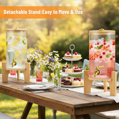 NiHome 2-Pack 1.3 Gallon Drink Dispenser for Parties, 4.9 L Glass Iced Beverage Dispenser, Large Glass Party Drink Dispensers for Lemonade, Tea, Juice & Bamboo Lid, Wood Stand & Stainless Steel Spigot