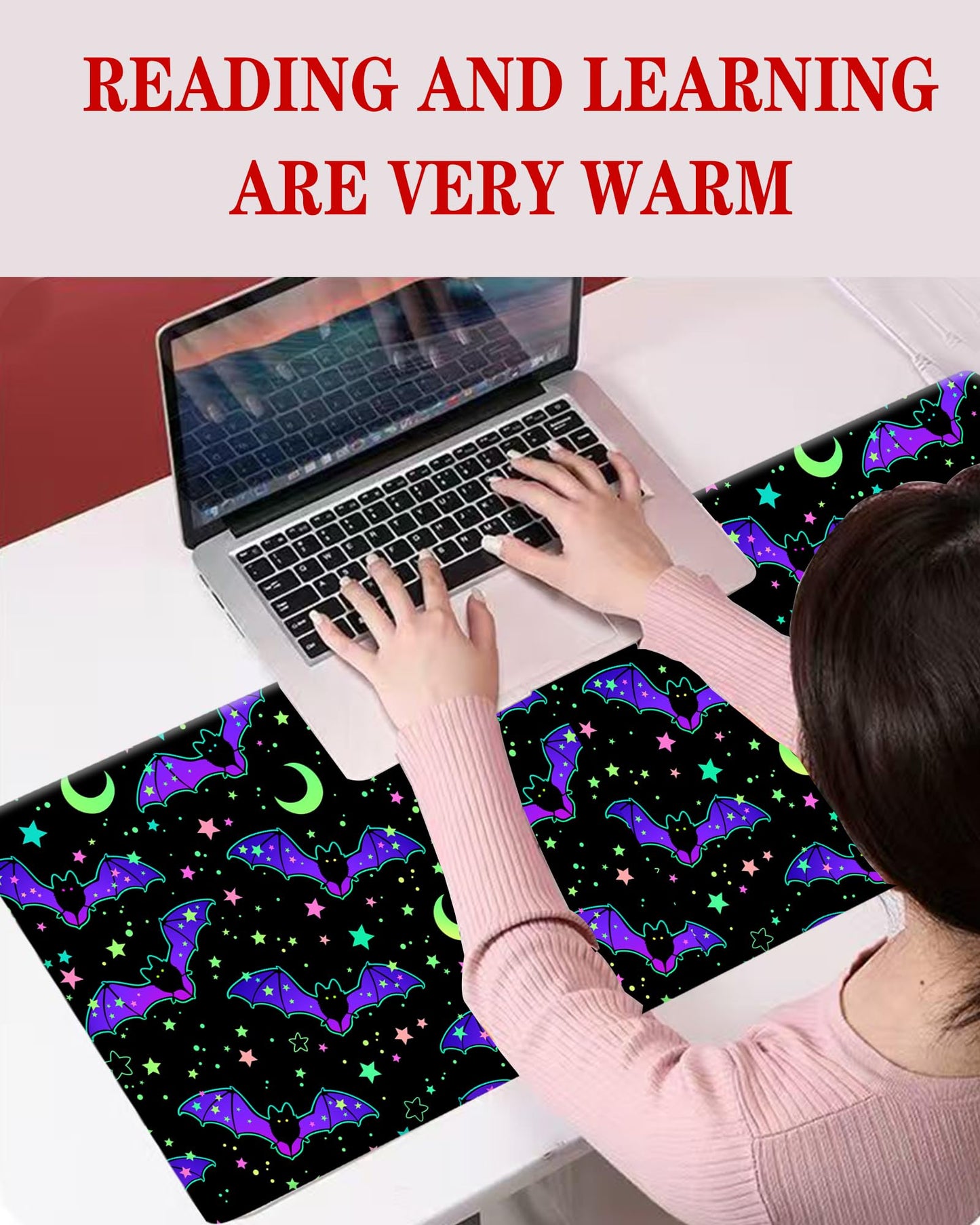 ALTEKO Large Gaming Mouse Pad, Computer Mouse Mat, Funny Desk Pad Protector Decoration, Big Cute Desk Pad, Non-Slip Base 31.5 x 11.8 in Cute Bats Stars