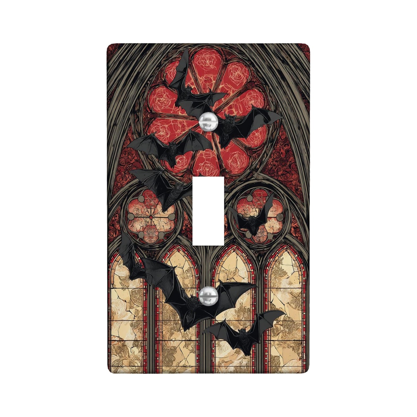 Gothic Bat Light Switch Cover Plates/Outlet Covers, Black Bats on Red Stained Glass, Thermoplastic Wall Plates, Halloween Decor, Standard Size Triple Toggle