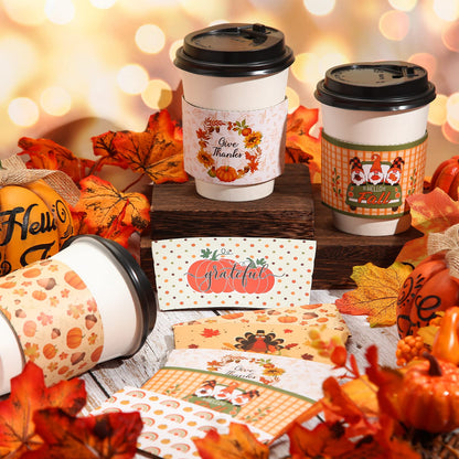 Patelai 36pcs Thanksgiving Coffee Cup Sleeves Double Layer Harvest Gnome Pumpkin Turkey Paper Sleeves Fit 12 and 16oz Disposable Paper Cup for Hot Chocolate Coffee or Cold Beverage