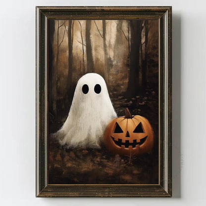 Vintage Halloween Ghost Poster Ghost Pumpkin Prints Dark Academia Gothic Prints Moody Halloween Pictures Spooky Fall Forest Art Spooky Moody Wall Art Dark Academia Painting 16x24inch Frameless