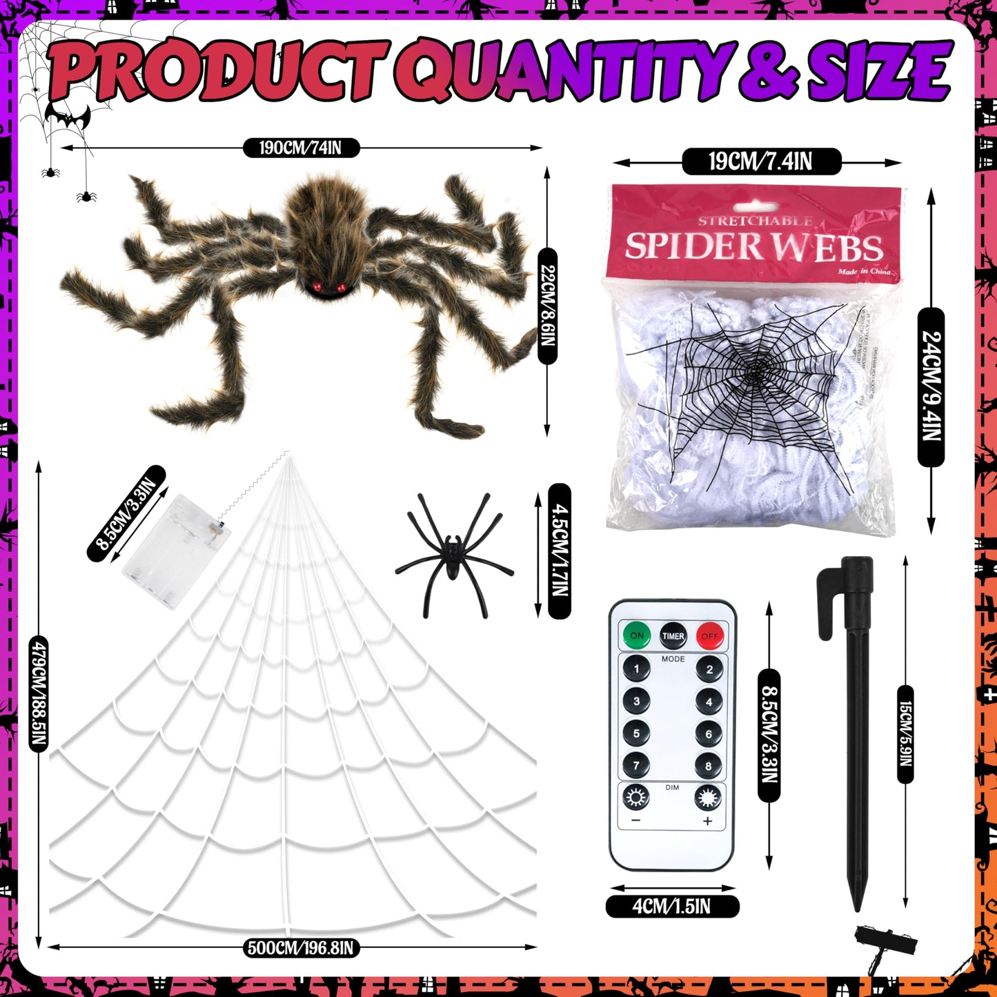 Halloween Spider Web Lights Giant Spider, 16.4Ft 450 LED Lighted Spider Web with with 8 Lighting Modes Waterproof & Timer for Indoor Outdoor House Haunted Yard Decor,Purple&Orange