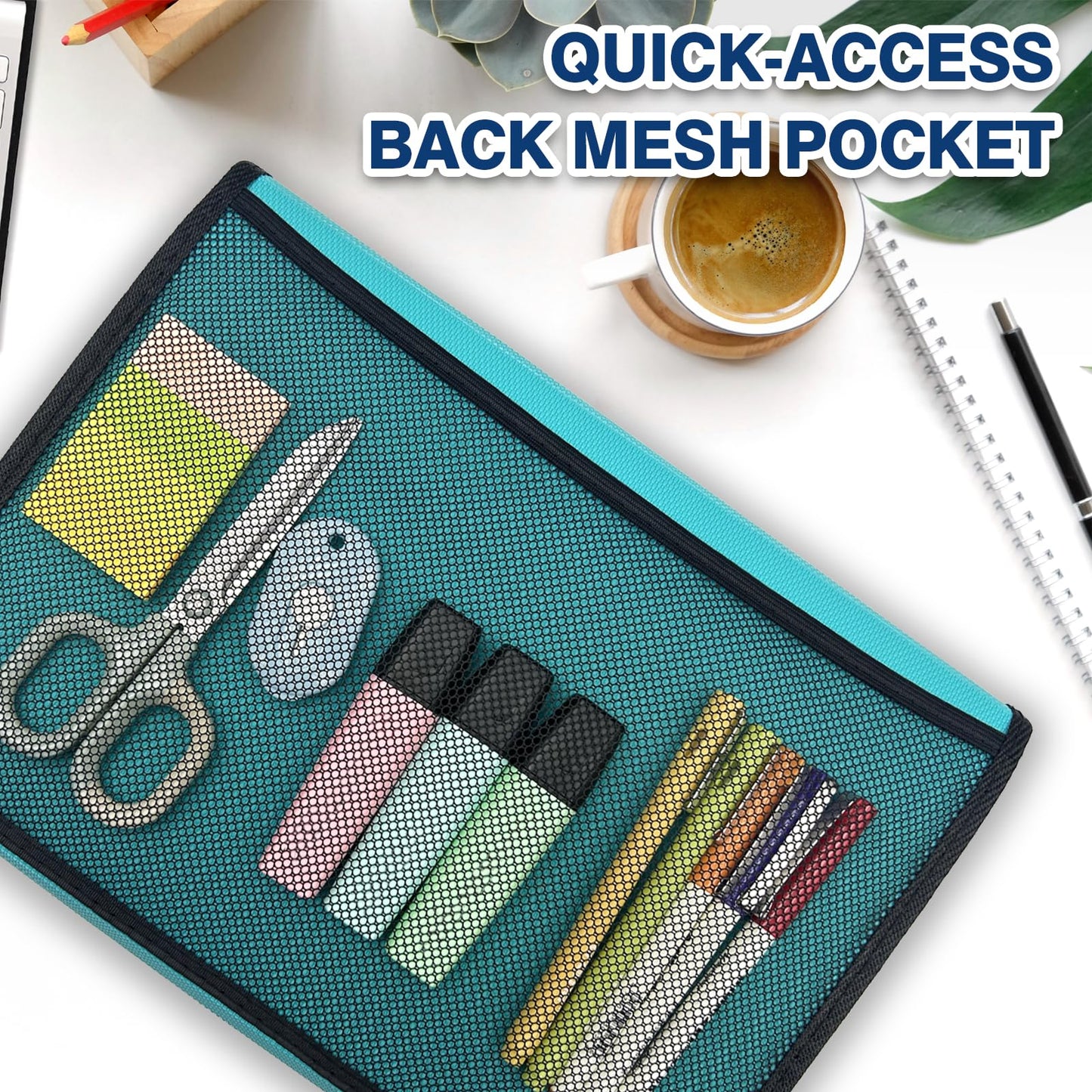 H4D 13-Pocket Accordion File Organizer with Mesh Pocket, Expanding File Folder with Tabs, Expandable Document Organizer for Home Office School, Letter Size, Teal
