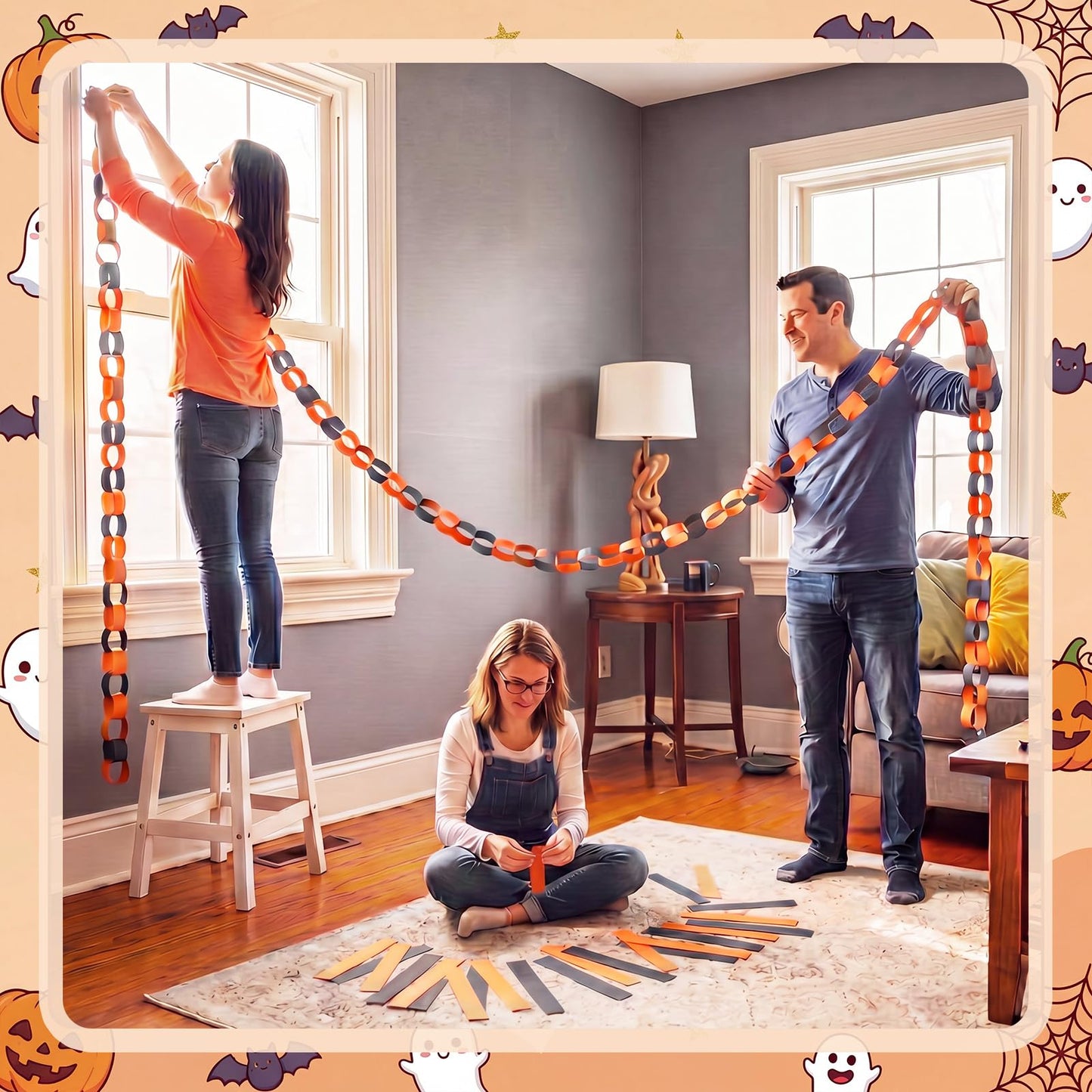 Epakh Halloween Ceiling Decorations Black and Orange Paper Chain Garland Gold Star Curtains Spider Hanging Decor Crepe Paper Streamer Banner for Halloween Party Haunted House Classroom Decor