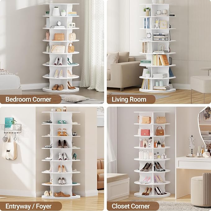 6-Tier Rotating Standing Shelf Unit with Dividers, 360° Storage Display Tower Vertical Floor Organizer, for Bedroom, Closet, Entryway & Office, Ideal for Shoes, Cosmetics & Handbags, White