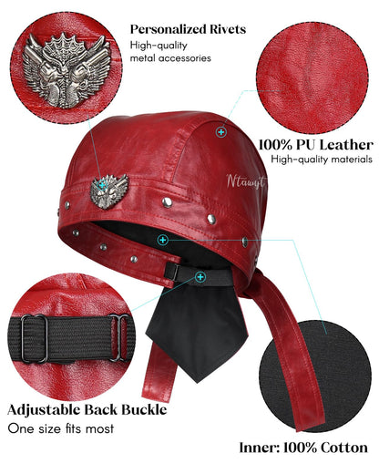 Bright Red Leather Skull Cap Adjustable - Soft Punk Biker Cap for Men Women, Classic Motorcycle Skull Cap Leather Biker Hat