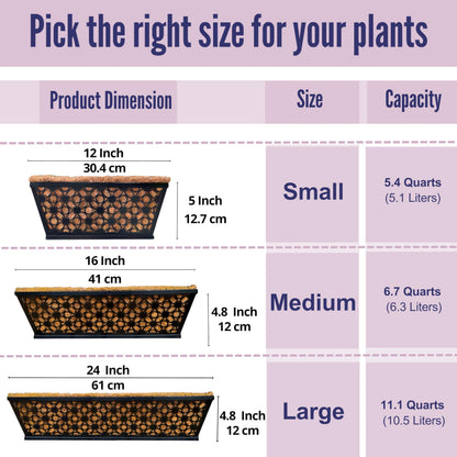 LaLaGreen Window Box Planter for Outdoor Plants (4 Pack, 12 Inch) Black Metal Small and Cute Rectangular Flower Pot Wall Planters with Coco Liner Horse Trough Railing Deck Balcony Fence Patio Decor