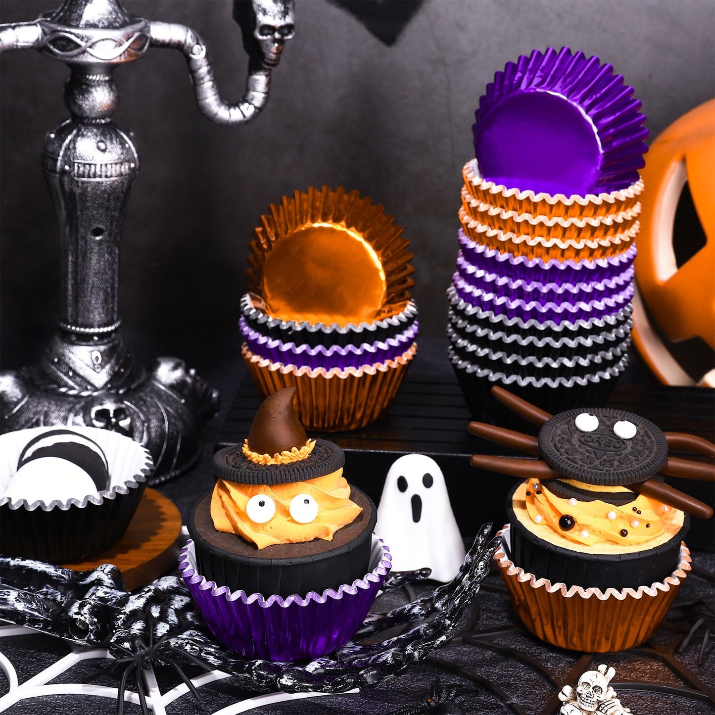 Whaline 450Pcs Halloween Foil Cupcake Liners Black Purple Orange Baking Cups Foil Metallic Cupcake Wrappers Muffin Liners for Holiday Party Supplies