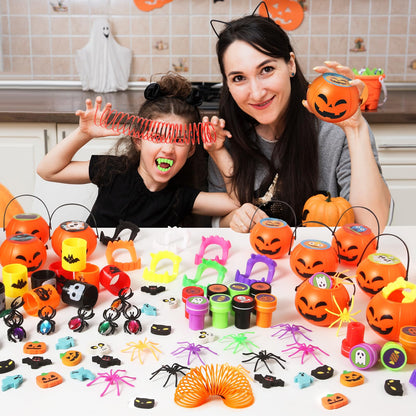 168PCS Halloween Party Favor for Kids, 24Pack Prefilled Halloween Pumpkins with Toys, Spider, Vampire Teeth, Spider Ring, Springs, Erases and Stamps for Trick or Treat, Halloween Goodies Bag Stuffers