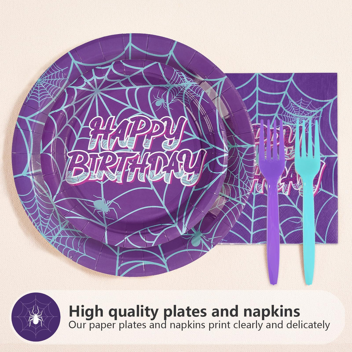 Greencian 96Pcs Spider 5th Birthday Party Supplies Purple Spiderweb Party Plates and Napkins Disposable Ghost Cartoon Tableware Set for Kids Birthday Halloween Hero Theme Decorations, Serves 24