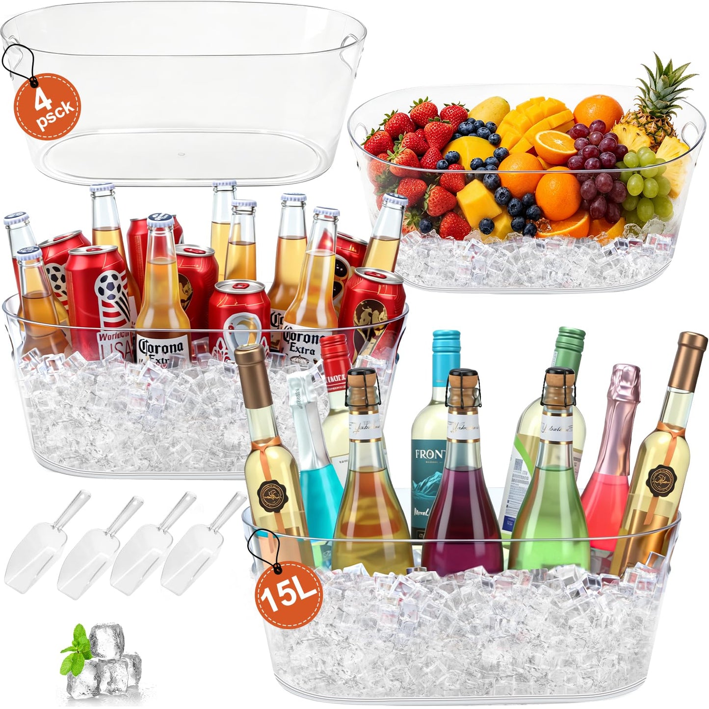 4 PCS Ice Buckets for Parties, 15L Large Ice Bucket, 4 Gallon Champagne Bucket with Scoops, Beverage Tub Mimosa Bar Supplies for Champagne, Beer, Cocktail