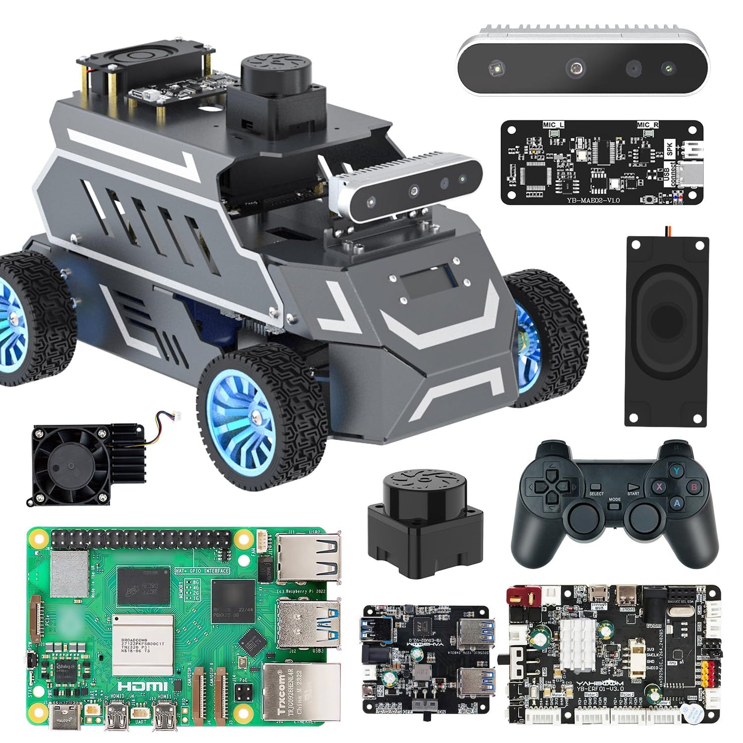 Yahboom Raspberry Pi 5 8GB for AI Robot Car,Supports RVIZ Simulation ROS2,TOF Lidar,SLAM Mapping Navigation, Tracking and Obstacle Avoidance (Superior Ver with Pi5-8GB)