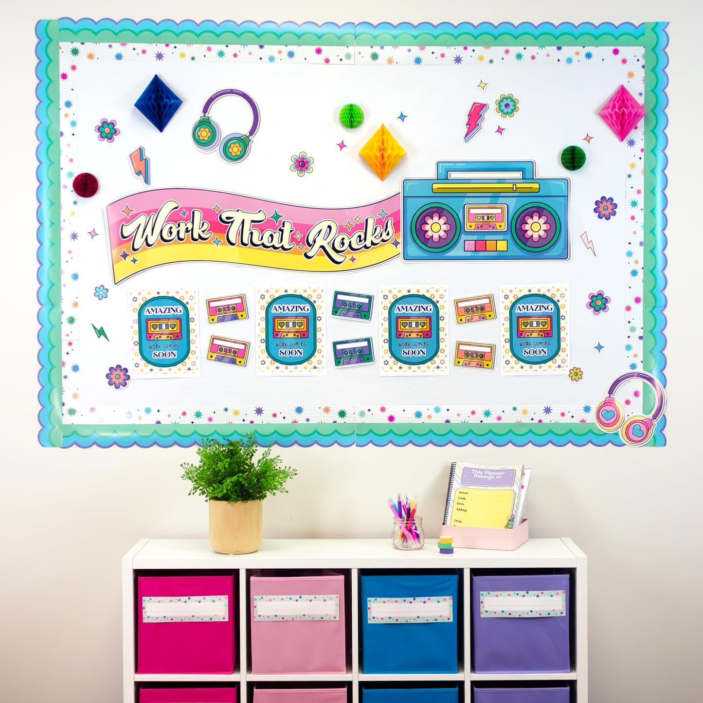 Happily Ever Elementary Retro Remix 79-Piece Work That Rocks Motivational Bulletin Board Set, Boombox, Cassette Tapes, Headphone, Flowers and More Groovy Bulletin Board Decorations for Classroom Decor