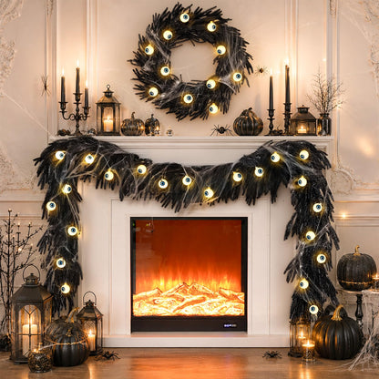 9FT Black Halloween Garland with Eyeball Light String Spider Cotton Spiders