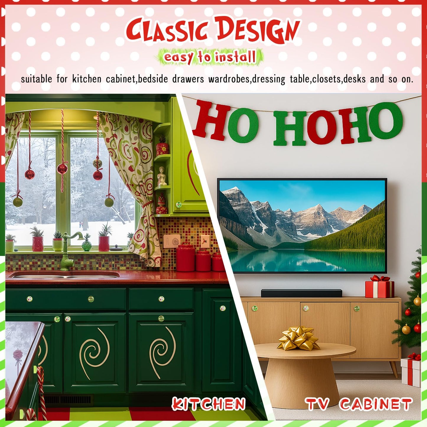 Fumete 12 Pieces Christmas Green Cabinet Knobs Covers Cute Green and Red Drawer Knobs Table Dressing Cupboard Wardrobe Closet with Screws for Holiday Winter Christmas Decor, 1.1 Inches/ 28 mm
