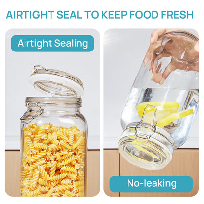 Vtopmart 78oz Glass Food Storage Jars with Airtight Clamp Lids, 3 Pack Large Kitchen Canisters for Flour, Sugar, Cereal, Coffee, Pasta and Canning, Square Mason Jars with 8 Reusable Labels