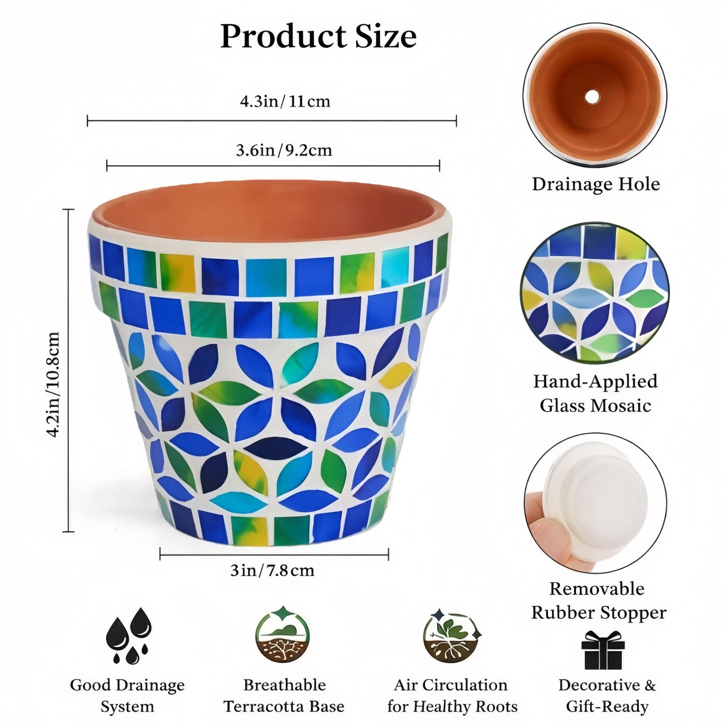 VOREEN Handmade Mosaic Planter, Small Terracotta Pot with Glass Mosaic Exterior and Drainage Hole, Decorative Indoor Outdoor Plant Pot for Succulents, Cactus, Desk, Shelf, Windowsill, Patio & Garden