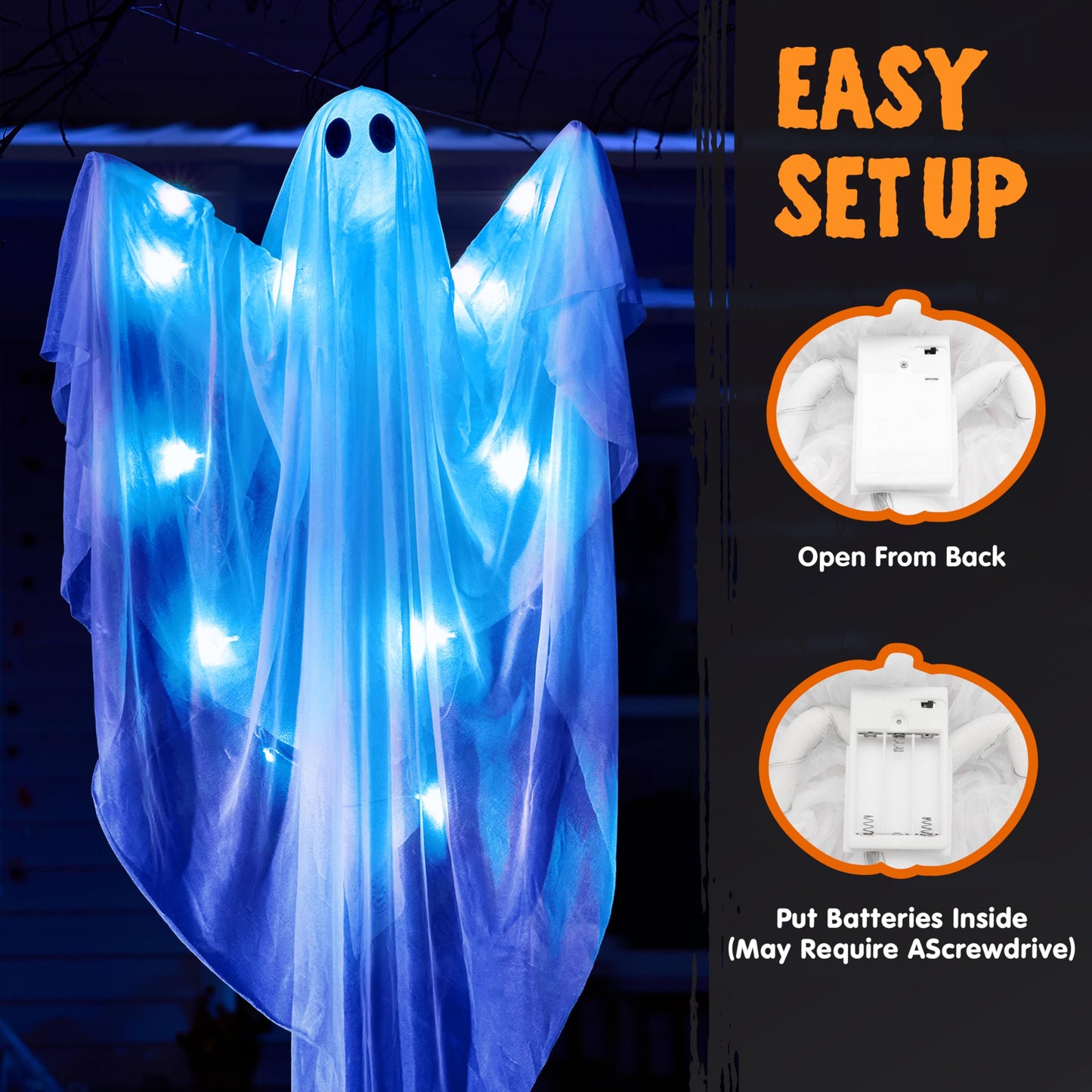 JOYIN 2 Pcs 47” Halloween Hanging Light up Ghost Decorations Outdoor, Halloween White Hanging Ghosts with Blue LED Lights and Timer for Haunted House Party Supplies Front Yard Patio Garden Decor