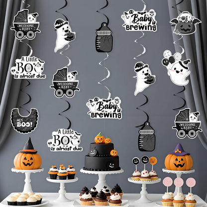 Kreatwow Halloween Baby Shower Decorations Black White 24pcs A Little Boo Is Almost Due Hanging Swirls A Baby Is Brewing Party Little Boo Party Decor Spooky Hanging Streamer for Pregnancy Celebration