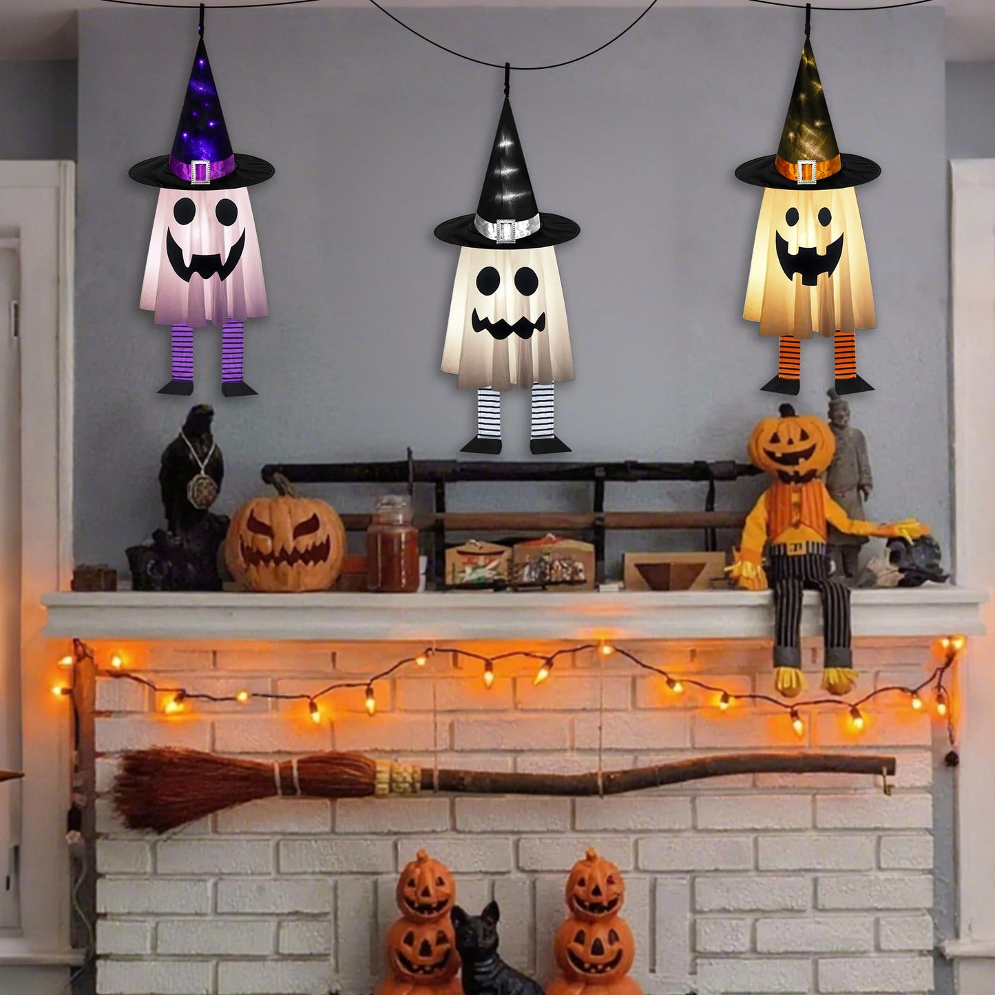 Halloween Decorations Outdoor - 3PCS Halloween Hanging Light up Ghosts, Orange & Purple & White Spooky Glowing Ghost Witch Hat for Garden Yard Tree Haunted Houses Indoor Outside