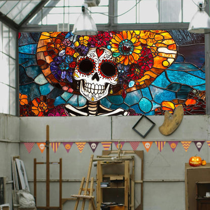 HOMETITUTE Day of The Dead Window Film 39.3x17.7 Inch Sugar Skull Windows Cling Halloween Calavera Glass Sticker for Glass Dia de Los Muertos Removable Gothic Window Art Decoration