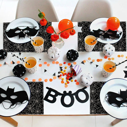 Halloween Placemats 18x12inch Spider Web Placemats Set of 8 for Table,Black Hallowmas Trick or Treats Events Linen Halloween Table Mats for Party Kitchen Dining Table Decor