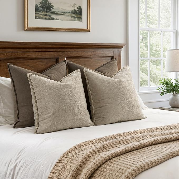 MIULEE Pack of 2 Couch Throw Pillow Covers 20x20 Inch Light Taupe Farmhouse Decorative Pillow Covers with Stitched Edge Soft Chenille Solid Dyed Spring Pillow Covers for Sofa Bed Living Room