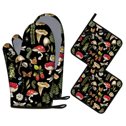 Mushroom Oven Mitts and Pot Holders Sets of 4 Heat Resistant Silicone Oven Mitts Gloves Non-Slip Kitchen Mittens Potholders for Cooking Baking Grilling BBQ