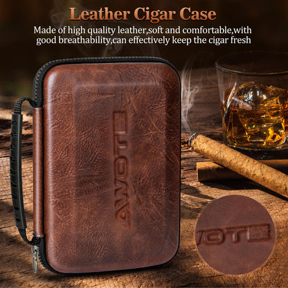 AWOTE Travel Leather Cigar Case with Cigar Torch Lighter, Cigar Bag with 4 Cigar Tubes, Include Cigar Accessories