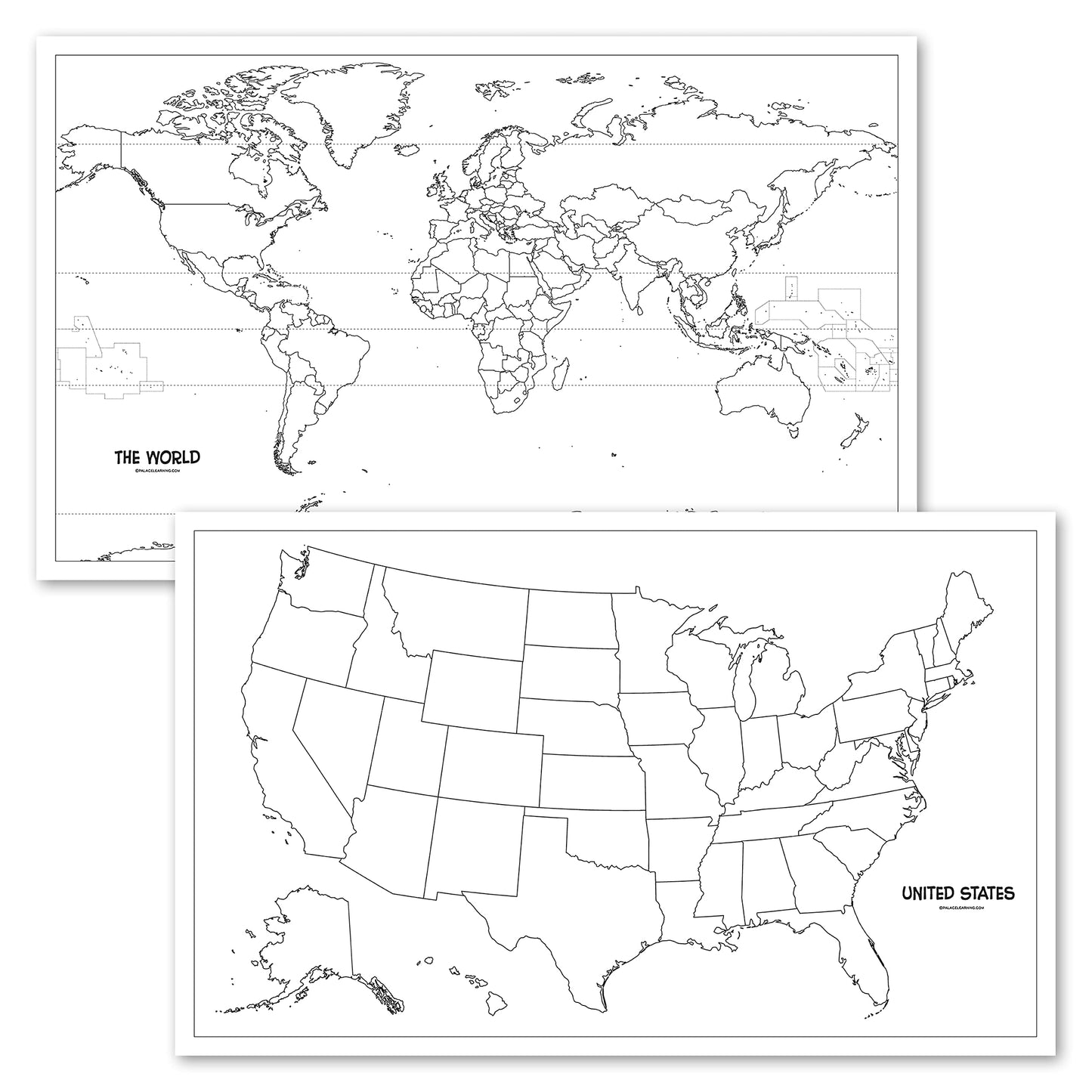 2 Pack - USA & World Map Blank Outline Posters - LAMINATED, 18" x 29" - (Wet Erase Markers Only)