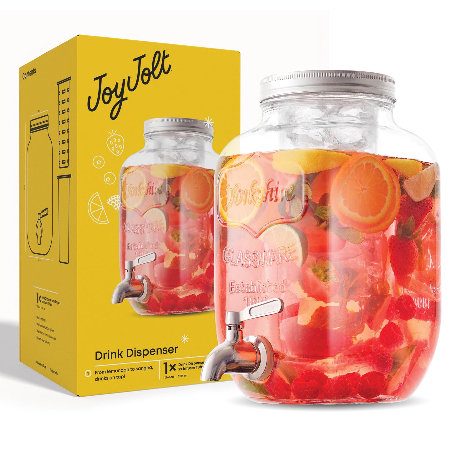 1-Gallon Drink Dispenser. Glass Beverage Dispenser with Stainless steel Spigot plus Ice Cylinder and Fruit Infuser! Water Dispenser, Lemonade Stand, Juice Container - Drink Dispensers for Parties
