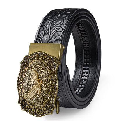 Dubulle Mens Western Belt Ratchet Belts Copper Eagle Automatic Buckle Black Genuine Leather Strap for Jeans Dress