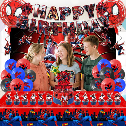 Spider Birthday Decorations, Party Supplies Set Include Banner, Backdrop, Balloons, Hanging Swirls, Cake Cupcake Toppers, Tablecloth for Boys Girls Spider Theme Party